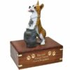 Pembroke Welsh Corgi dog figurine cremation memorial urn, engraved wood, gold fill