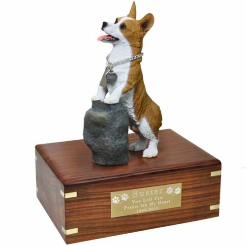 Pembroke Welsh Corgi dog figurine cremation memorial urn, engraved plaque