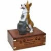 Pembroke Welsh Corgi dog figurine cremation memorial urn, engraved wood