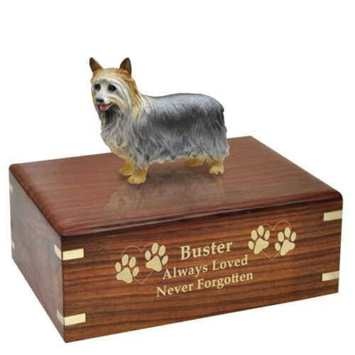 Silky Terrier dog figurine cremation memorial urn, engraved wood, gold fill