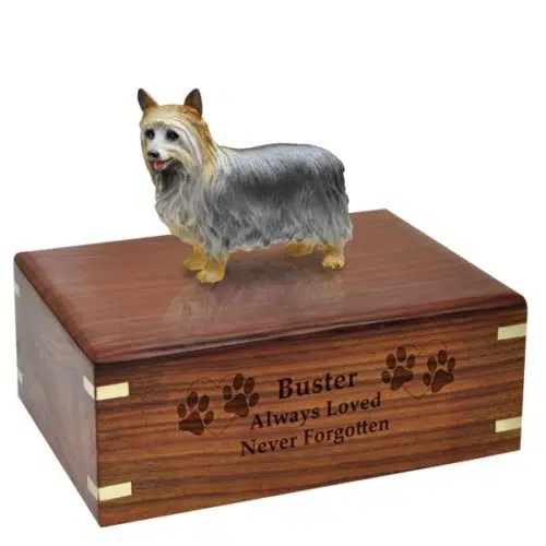 Silky Terrier dog figurine cremation memorial urn, engraved wood