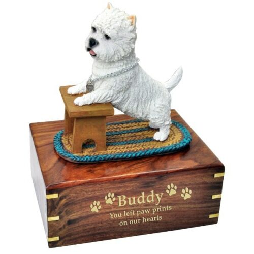 West Highland Terrier westie dog figurine cremation memorial urn, engraved wood, gold fill