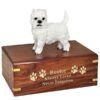 West Highland Terrier westie dog figurine cremation memorial urn, engraved wood, gold fill