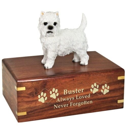 West Highland Terrier westie dog figurine cremation memorial urn, engraved wood, gold fill