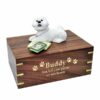 Bichon Frise dog figurine cremation memorial urn, engraved wood, gold fill