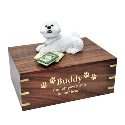 Bichon Frise dog figurine cremation memorial urn, engraved wood, gold fill