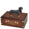 Black Dachshund dog figurine cremation urn, with engraved wood, gold fill, medium