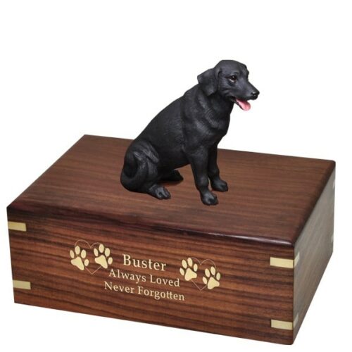 Black Labrador retriever dog figurine cremation urn, with engraved wood, gold fill