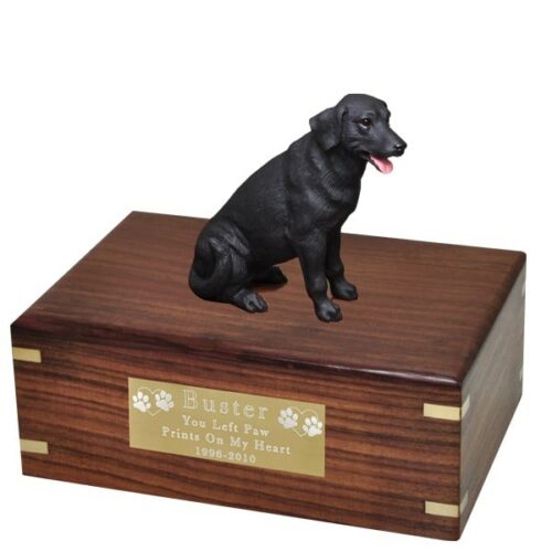 Black Labrador retriever dog figurine cremation urn, with engraved plaque, medium