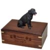 Black Labrador retriever dog figurine cremation urn, with engraved wood