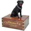 Black Labrador retriever dog figurine cremation urn, with engraved wood, gold fill