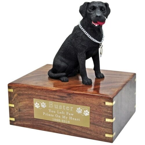 Black Labrador retriever dog figurine cremation urn, with engraved plaque, large