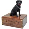 Black Labrador retriever dog figurine cremation urn, with engraved wood