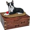 Boston Terrier dog figurine cremation memorial urn, engraved wood