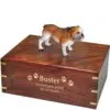 Bulldog dog figurine cremation urn, with engraved wood, gold fill