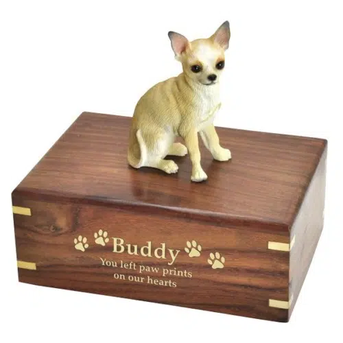 Chihuahua dog figurine cremation memorial urn, engraved wood, gold fill