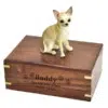 Chihuahua dog figurine cremation memorial urn, engraved wood