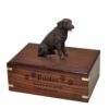 Chocolate Labrador retriever dog figurine cremation urn, with engraved wood