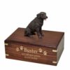 Chocolate Labrador retriever dog figurine cremation urn, with engraved wood, gold fill