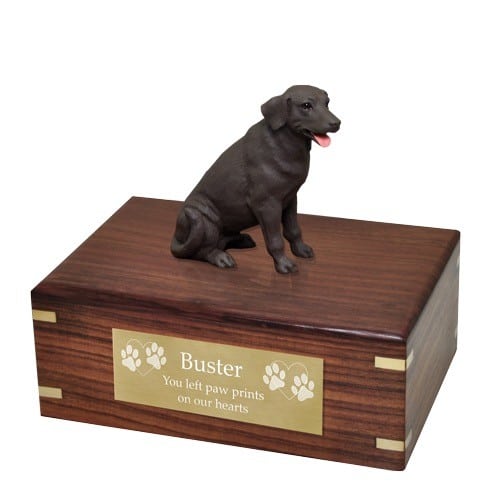 Chocolate Labrador retriever dog figurine cremation urn, with engraved plaque, large