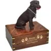 Chocolate Labrador retriever dog figurine cremation urn, with engraved wood, gold fill