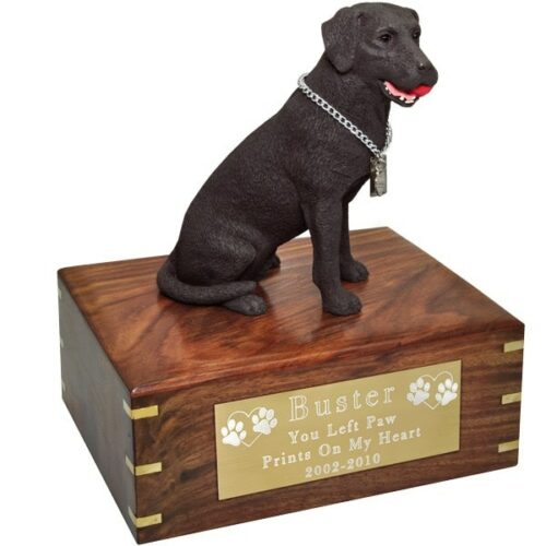 Chocolate Labrador retriever dog figurine cremation urn, with engraved plaque, large