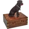 Chocolate Labrador retriever dog figurine cremation urn, with engraved wood