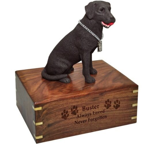 Chocolate Labrador retriever dog figurine cremation urn, with engraved wood