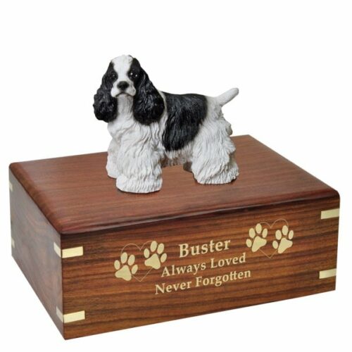 Cocker Spaniel dog figurine cremation memorial urn, engraved wood, gold fill