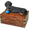 Black Dachshund dog figurine cremation urn, with engraved wood