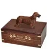 Longhaired Red Dachshund dog figurine cremation urn, with engraved wood, gold fill