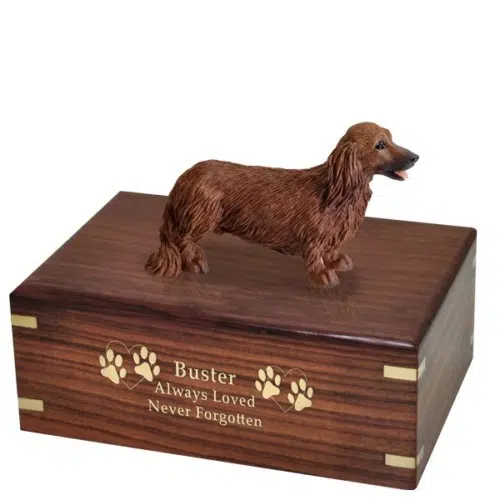 Longhaired Red Dachshund dog figurine cremation urn, with engraved wood, gold fill