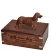 Longhaired Red Dachshund dog figurine cremation urn, with engraved wood