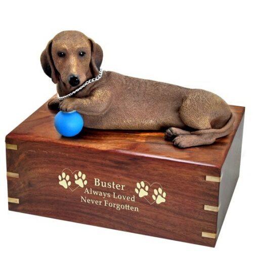 Red Dachshund dog figurine cremation urn, with engraved wood, gold fill