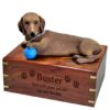 Red Dachshund dog figurine cremation urn, with engraved wood