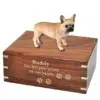 French Bulldog dog figurine cremation urn, with engraved wood, gold fill