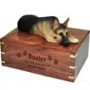 German Shepherd dog figurine cremation urn, with engraved wood