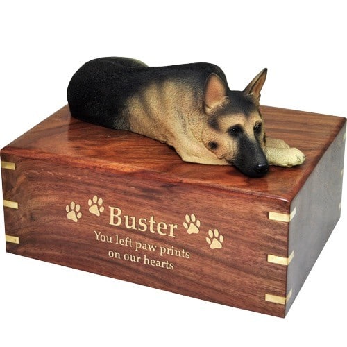 German Shepherd dog figurine cremation urn, with engraved wood, gold fill