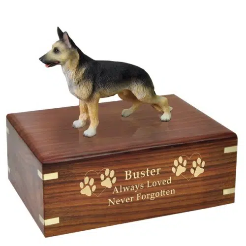 Black and Tan German Shepherd dog figurine cremation urn, with engraved wood, gold fill