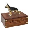 Black and Tan German Shepherd dog figurine cremation urn, with engraved wood