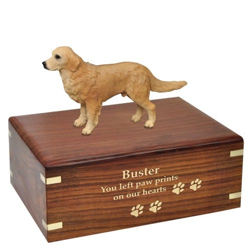Golden Retriever dog figurine cremation memorial urn, engraved wood, gold fill