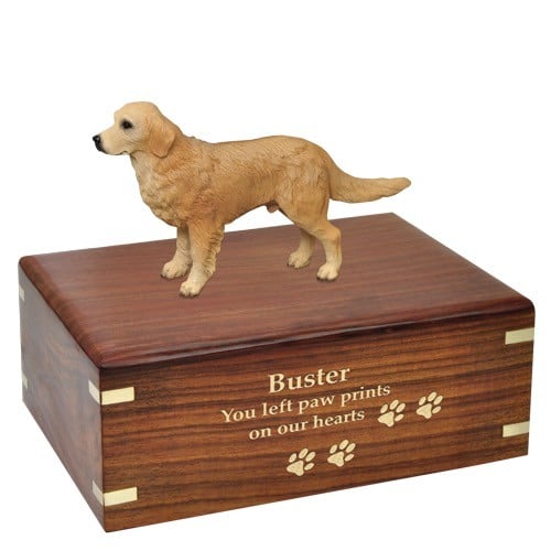 Golden Retriever dog figurine cremation memorial urn, engraved wood, gold fill