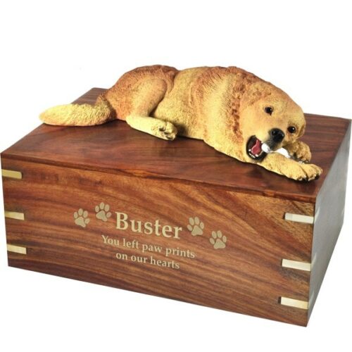 Golden Retriever dog figurine cremation memorial urn, engraved wood, gold fill