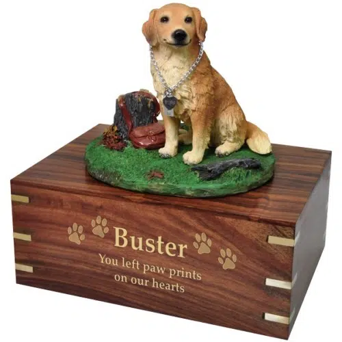 Golden Retriever dog figurine cremation memorial urn, engraved wood, gold fill