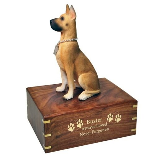 Great Dane dog figurine cremation memorial urn, engraved wood, gold fill