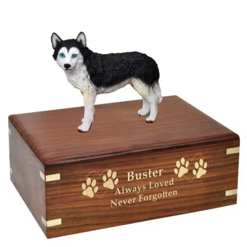 Husky dog figurine cremation memorial urn, engraved wood, gold fill