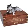 Husky dog figurine cremation memorial urn, engraved wood, gold fill