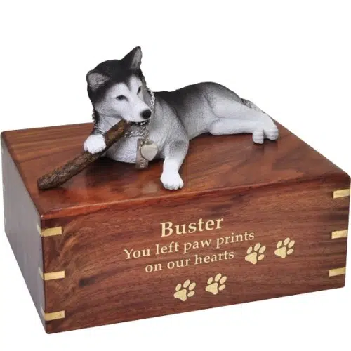Husky dog figurine cremation memorial urn, engraved wood, gold fill