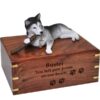 Husky dog figurine cremation memorial urn, engraved wood