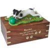 Jack Russell Terrier dog figurine cremation memorial urn, engraved wood, gold fill